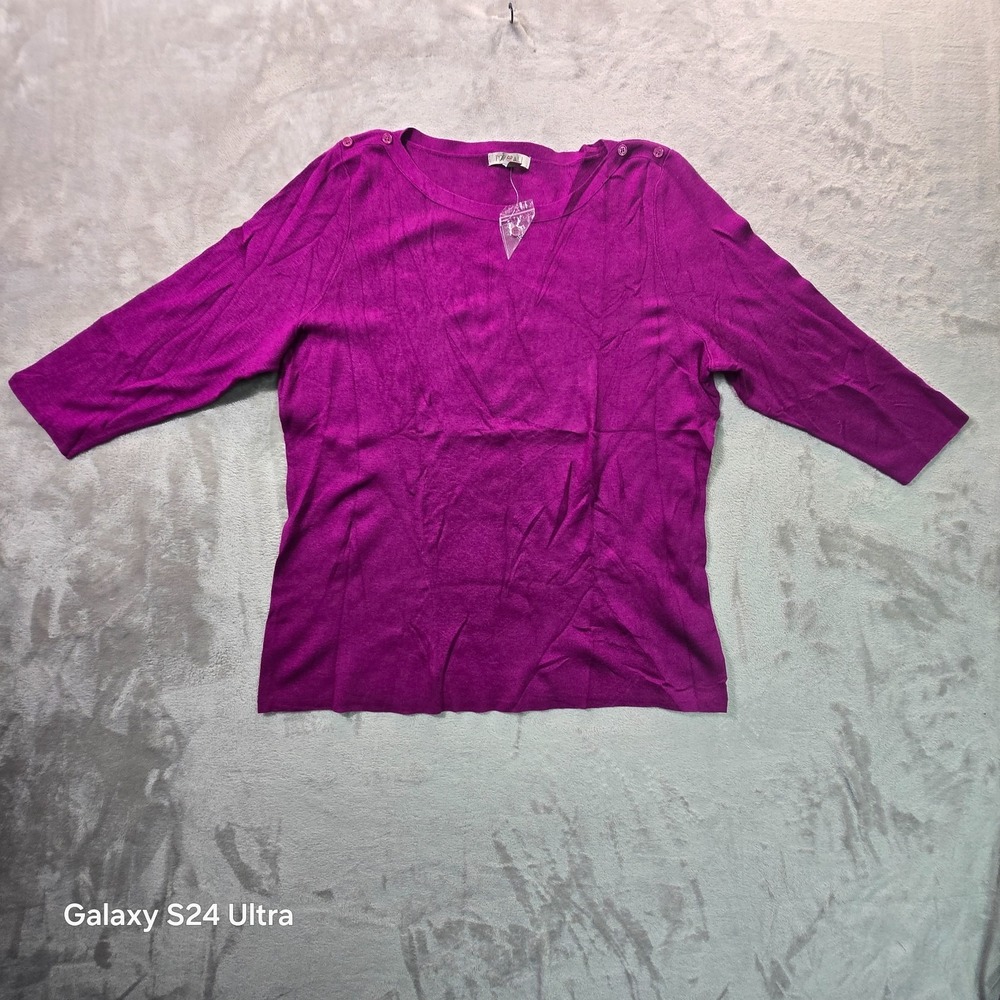 Roz & Ali Sweater Womens 2X Magenta Purple 3/4 Sleeves Tight Knit Button Detail